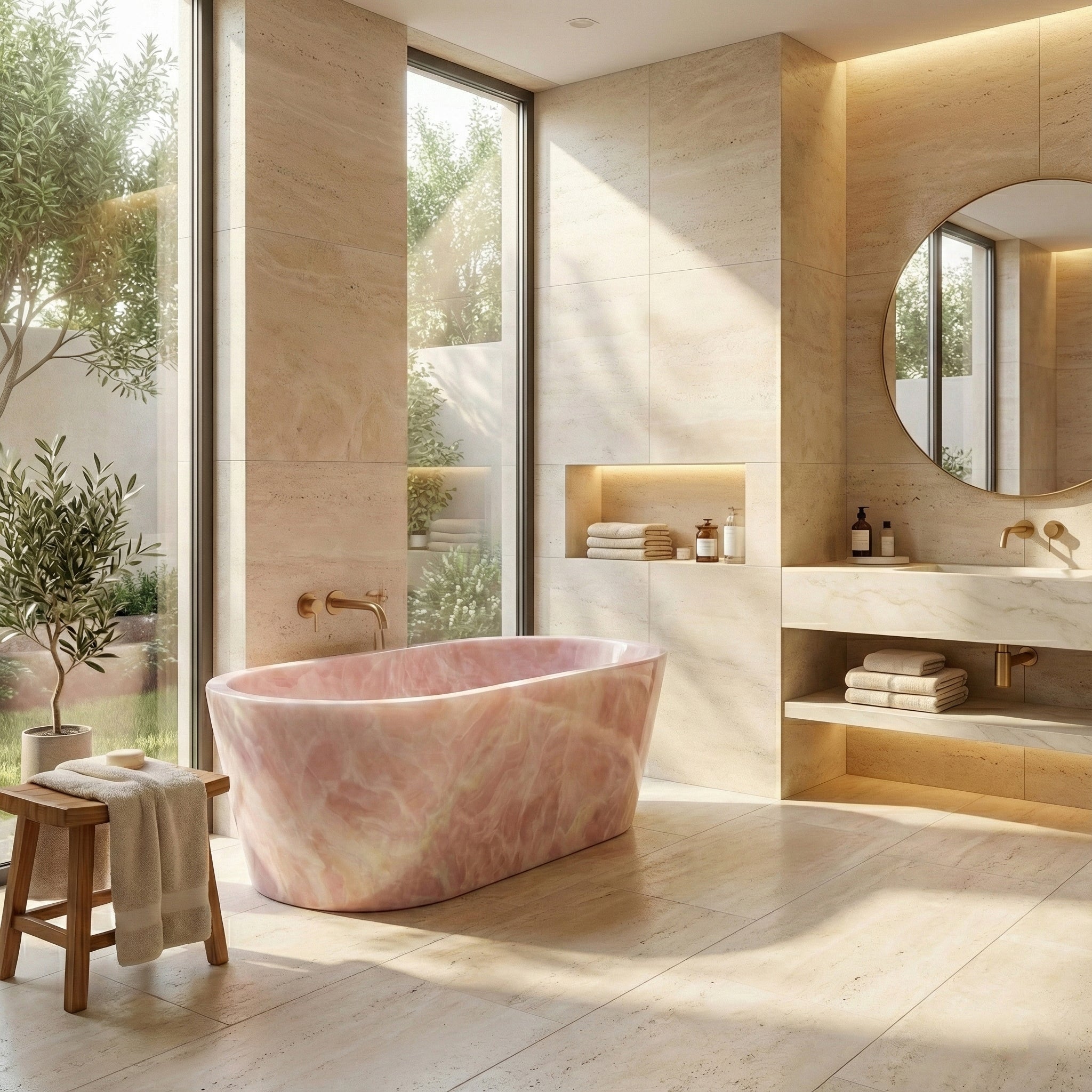 Sunlit sanctuary bathroom designed around a Pink Onyx soaking tub, paired with warm beige limestone walls, a round mirror, and minimalist gold tapware.