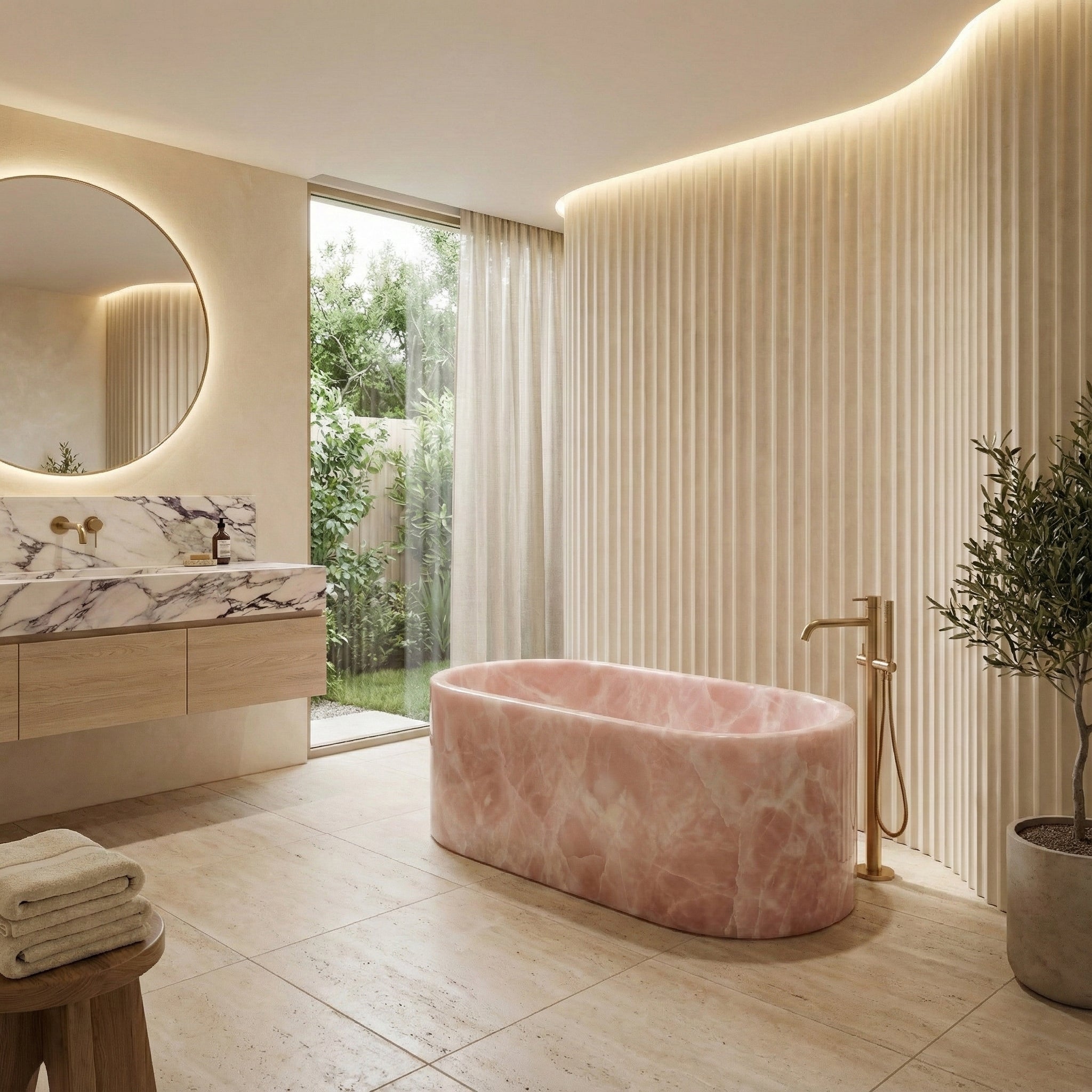 Serene, romantic luxury bathroom design featuring a Pink Onyx bathtub, beige fluted wall panels, brushed gold floor filler, and warm cove lighting.