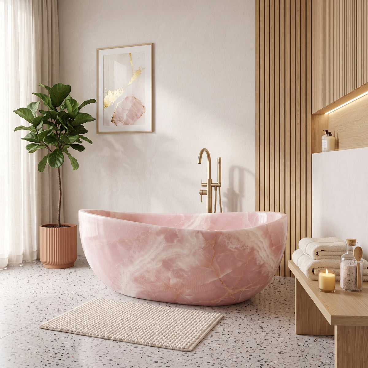 Luminous luxury bathroom interior featuring the freestanding Pink Onyx wave bathtub paired with a floor-mounted brushed gold tub filler, vertical light-wood slat paneling, terrazzo floor tile, and a woven cream bath mat.