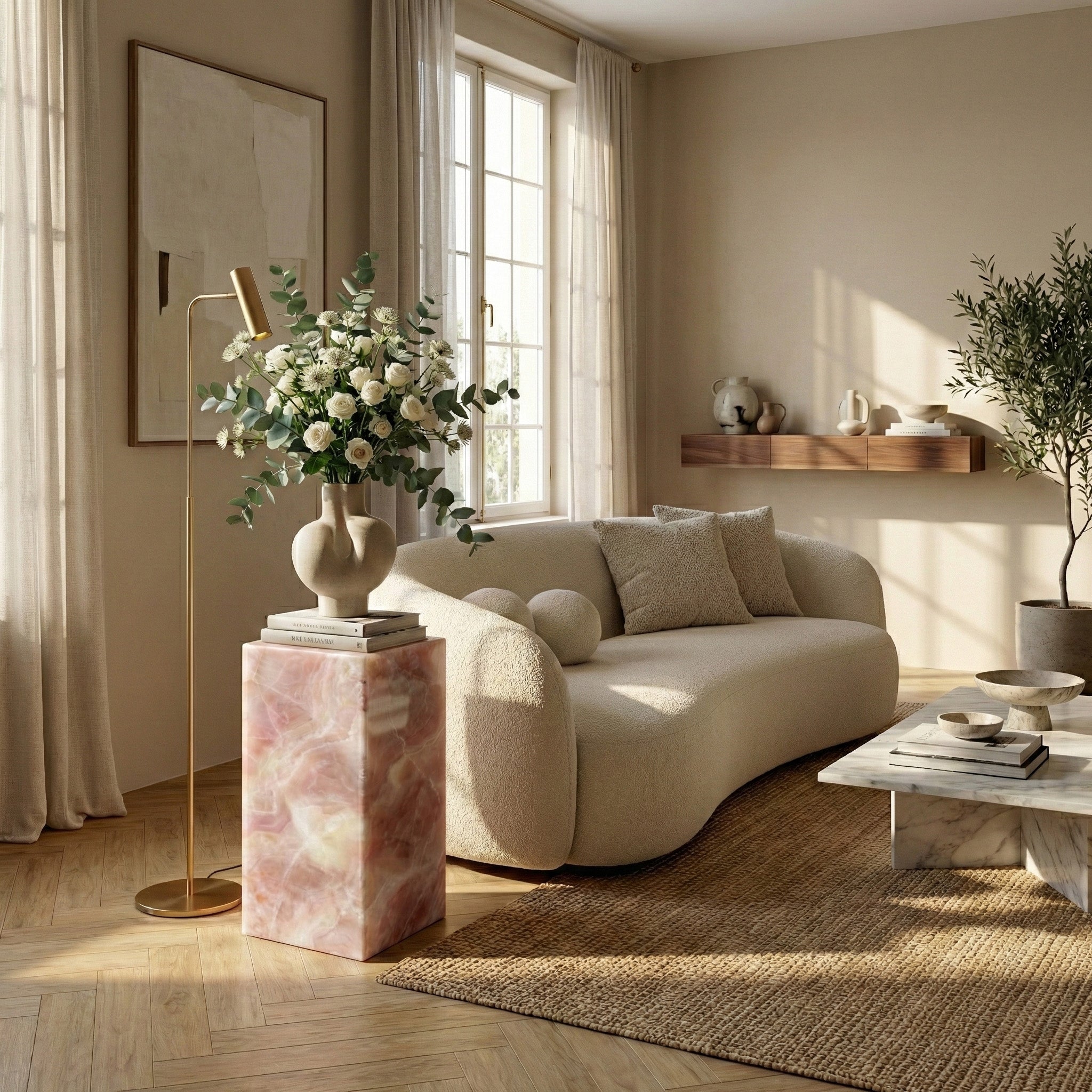 A soft-lit, modern living room featuring a Pink Onyx pedestal stand acting as a floral base for white roses, styled alongside a curved cream sofa and a minimalist gold floor lamp.