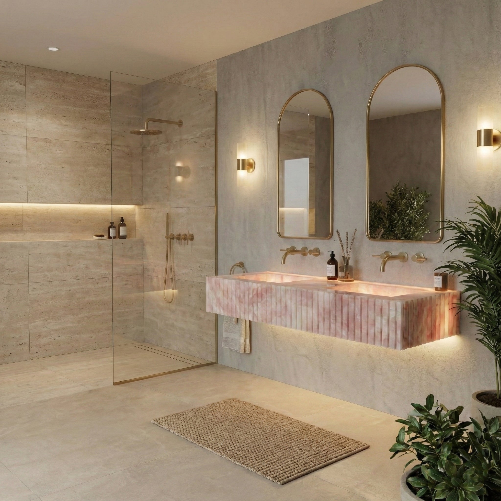 Romantic luxury bathroom featuring a backlit Pink Onyx fluted sink, paired with gold arched mirrors and warm wall sconces.