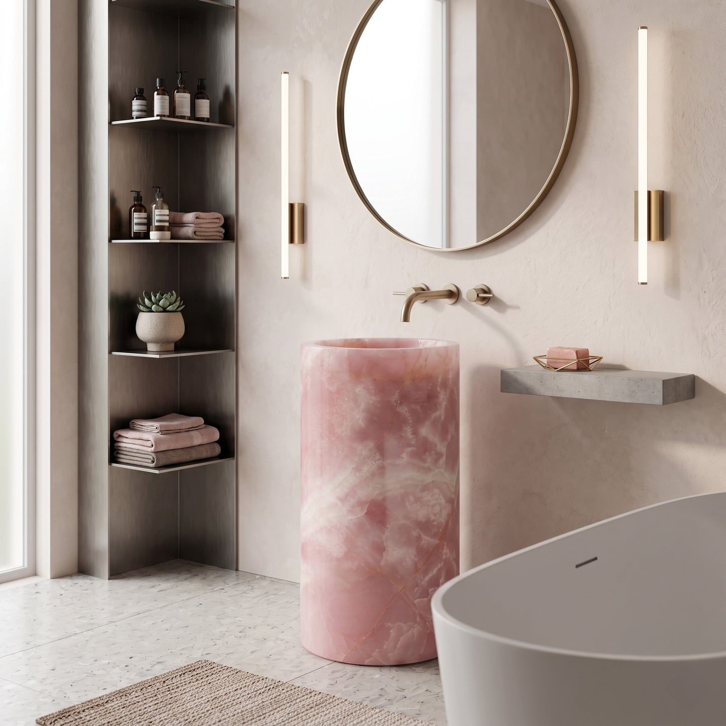 Freestanding Pink Onyx round pedestal basin in a warm luxury bathroom featuring a freestanding tub, stainless steel shelving, and glowing brass tube sconces.