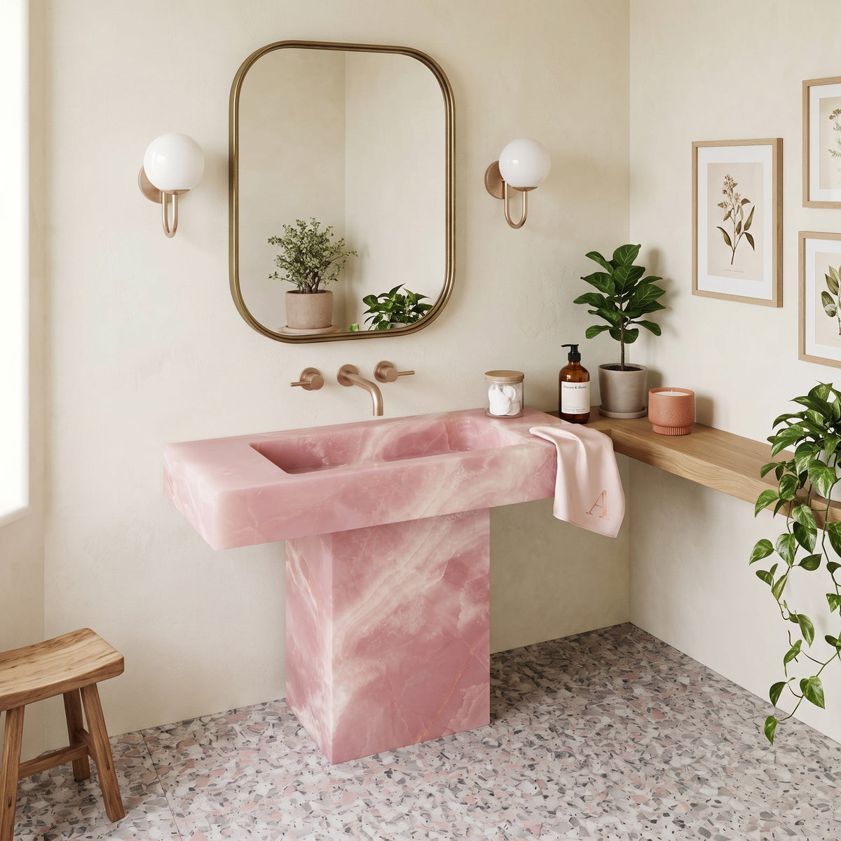 Warm, sunlit bathroom interior featuring the freestanding Pink Onyx T-shape vanity paired with an arched brass mirror and globe sconces.