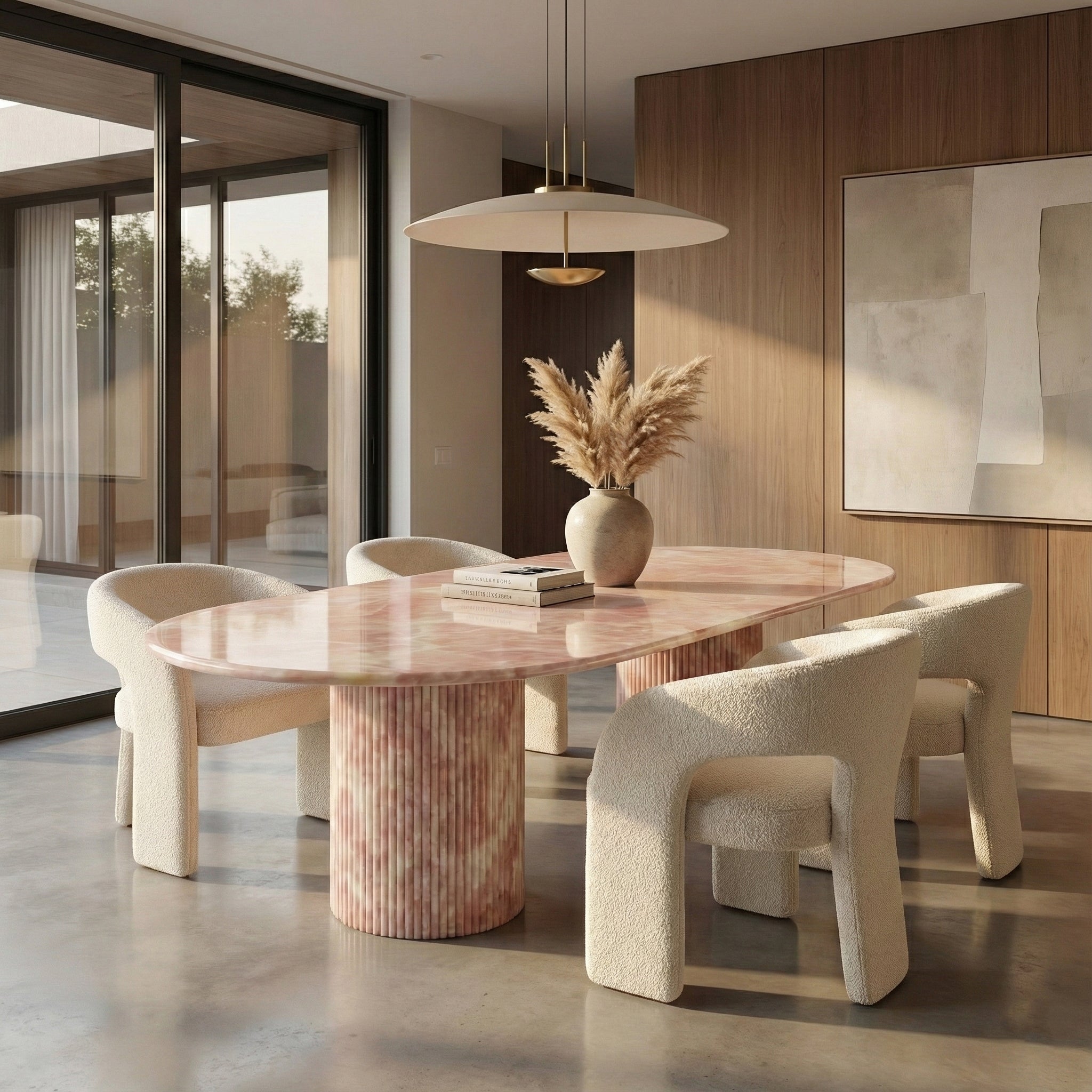 Soft modern dining room designed around a statement Pink Onyx oval table, paired with white boucle armchairs and warm minimalist lighting.