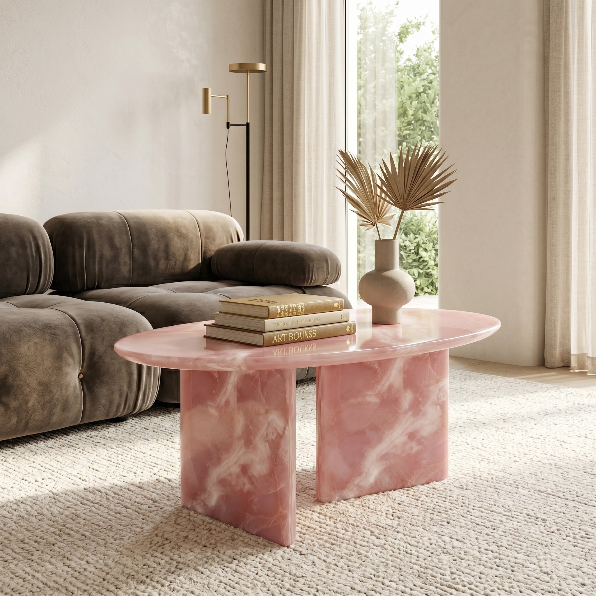 Modern interior design showcasing a bespoke pink onyx coffee table styled on a textured cream rug with contemporary decor and a plush velvet sofa.