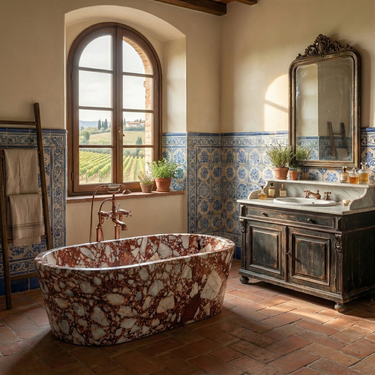 Rustic Tuscan bathroom featuring a freestanding Red Bulgari marble bathtub, antique wooden vanity, and a large window overlooking a vineyard.