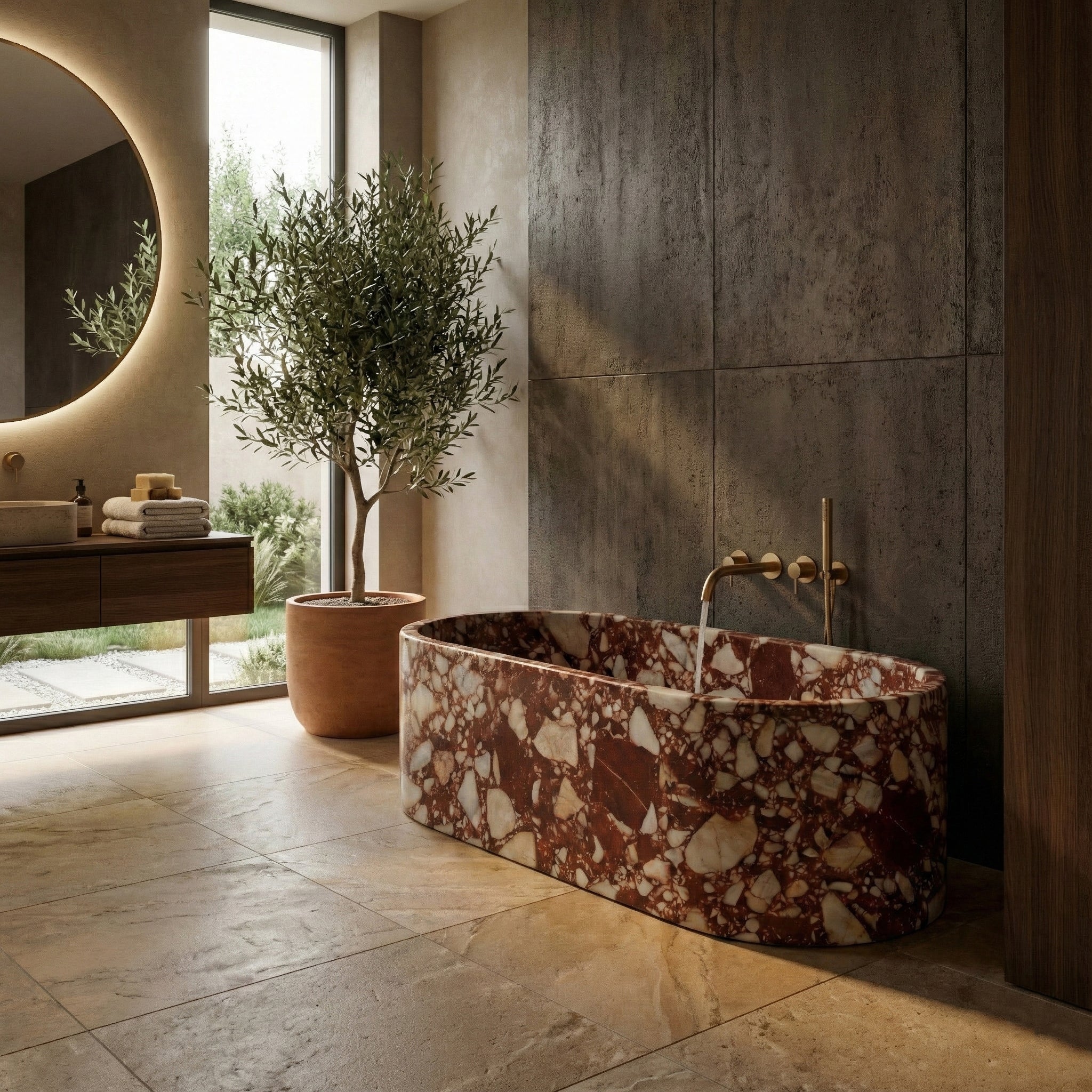 Warm Mediterranean-style bathroom featuring a Red Bulgari marble bathtub, textured earth-tone walls, brass floor filler, and an indoor olive tree.