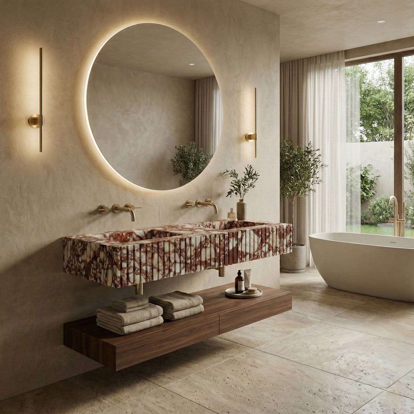 Luxury powder room design centering on a Red Bulgari marble fluted sink, illuminated by a large round backlit mirror and warm wall sconces.