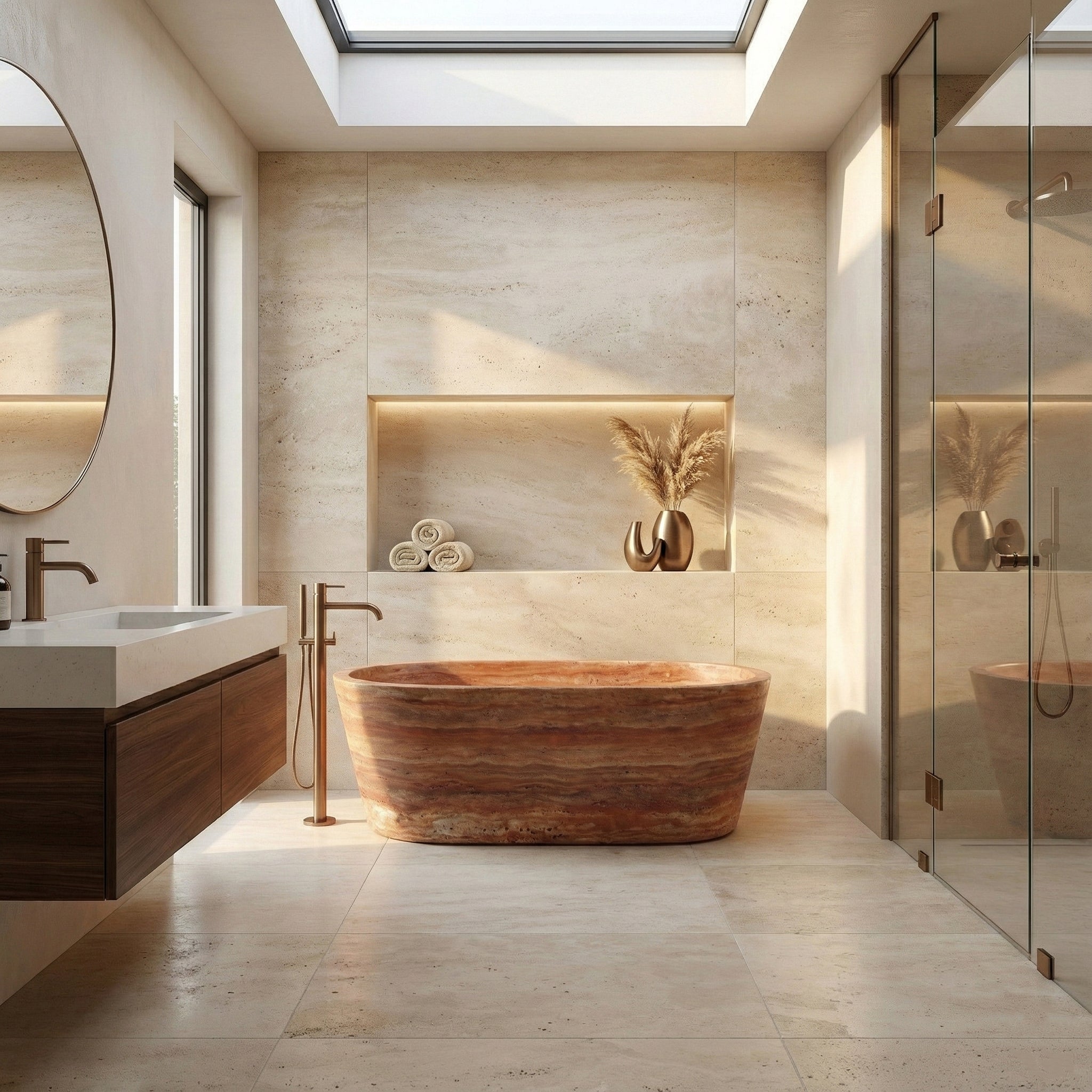 Sunlit sanctuary bathroom designed around a Red Travertine soaking tub, complemented by a skylight, dried pampas grass decor, and warm travertine floor tiles.