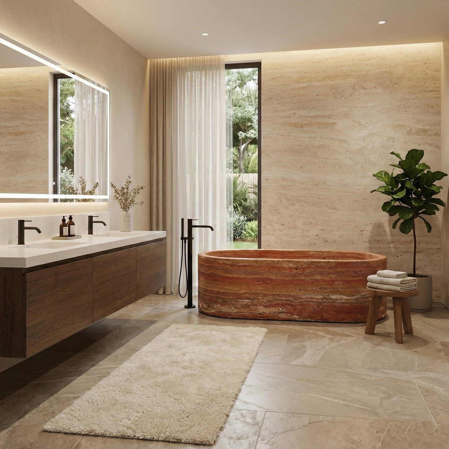 Warm, earthy luxury bathroom featuring a statement Red Travertine bathtub, beige stone walls, walnut vanity, and floor-standing black faucet.
