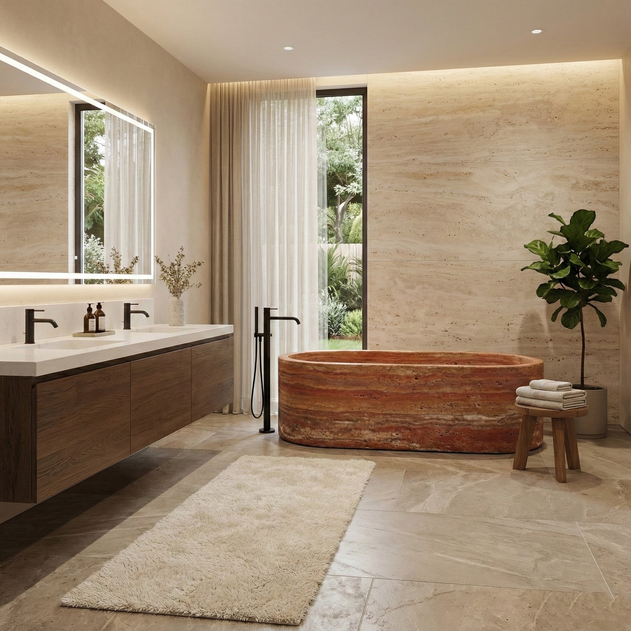 Warm, earthy luxury bathroom featuring a statement Red Travertine bathtub, beige stone walls, walnut vanity, and floor-standing black faucet.