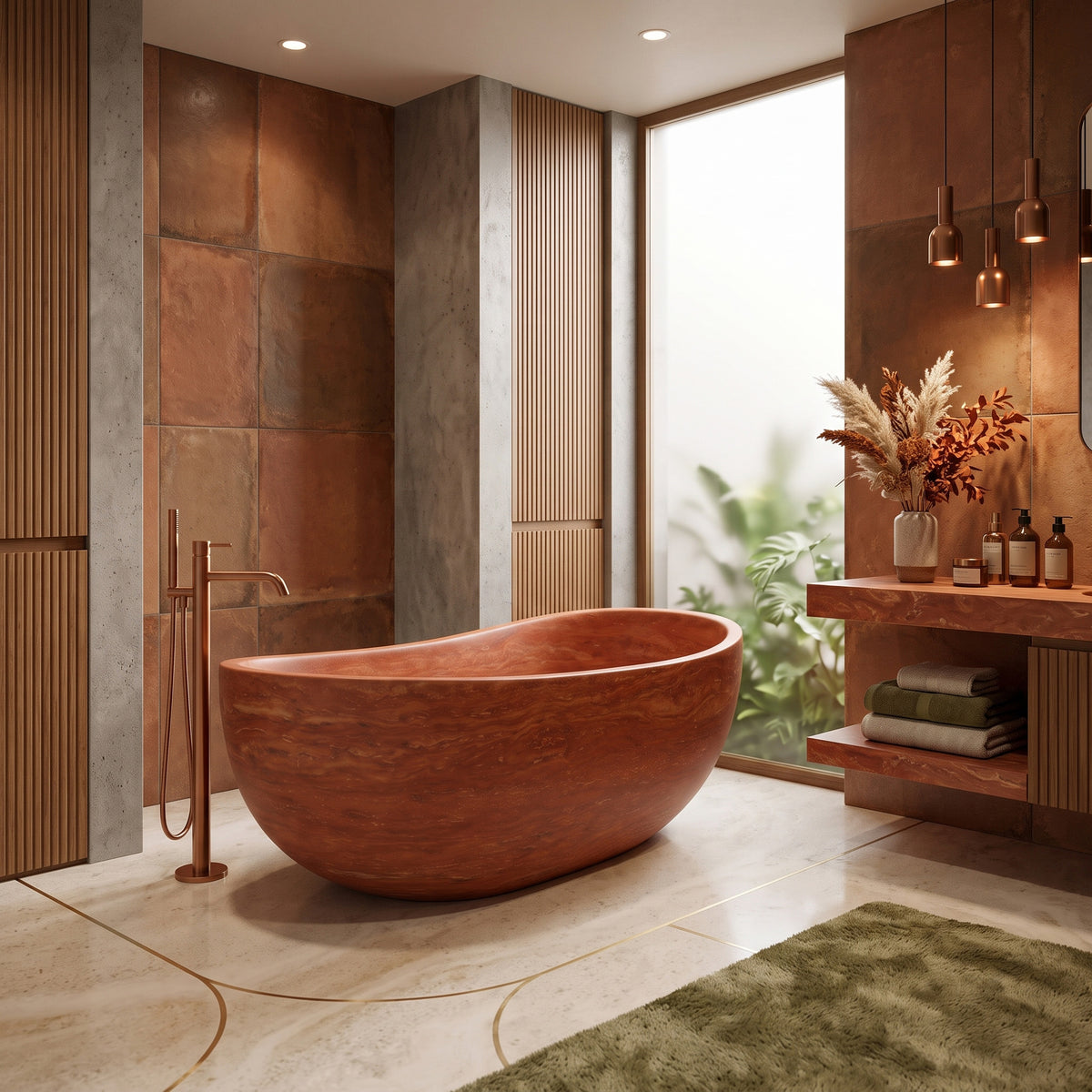 Warm Mediterranean-inspired luxury bathroom interior featuring the freestanding Red Travertine wave bathtub paired with a floor-mounted brushed copper tub filler, copper pendant lights, fluted wood wall panels, terracotta wall tiles, a moss-green rug, and a matching stone floating vanity.