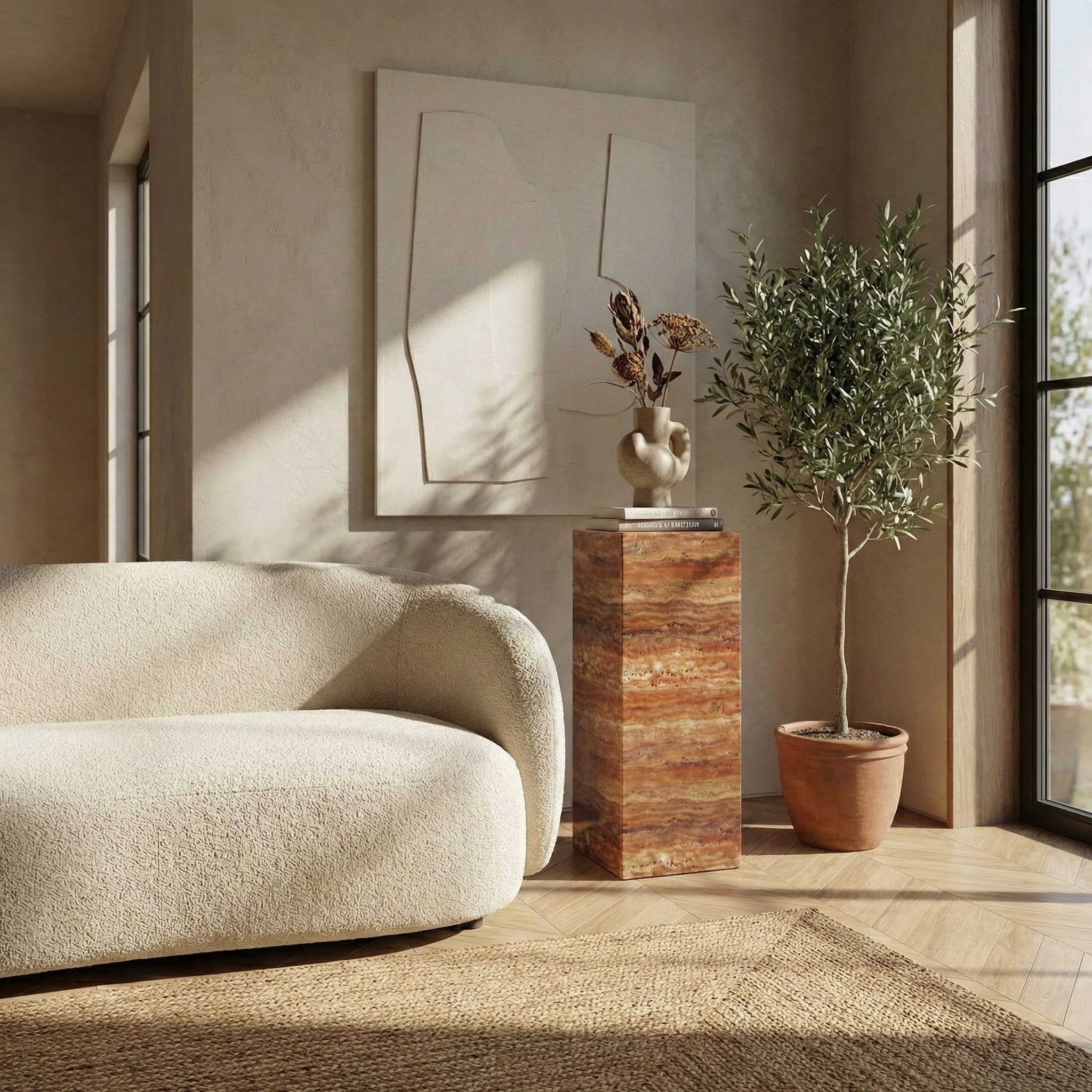 A warm, sunlit living room featuring a Red Travertine pedestal used as a display stand for a ceramic vase, positioned next to a textured cream sofa and a potted olive tree.