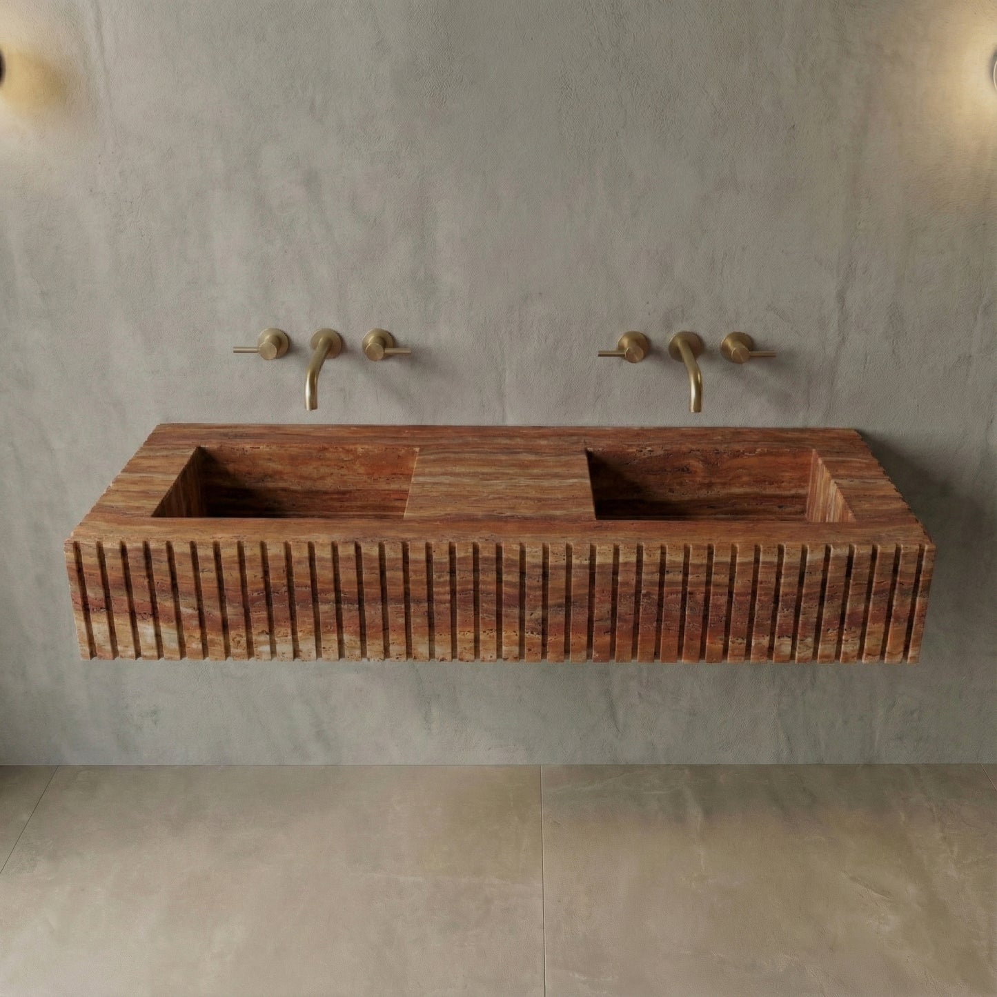 Front profile of a wall-mounted Red Travertine double vanity featuring a custom fluted stone apron and horizontal rust-colored striations.