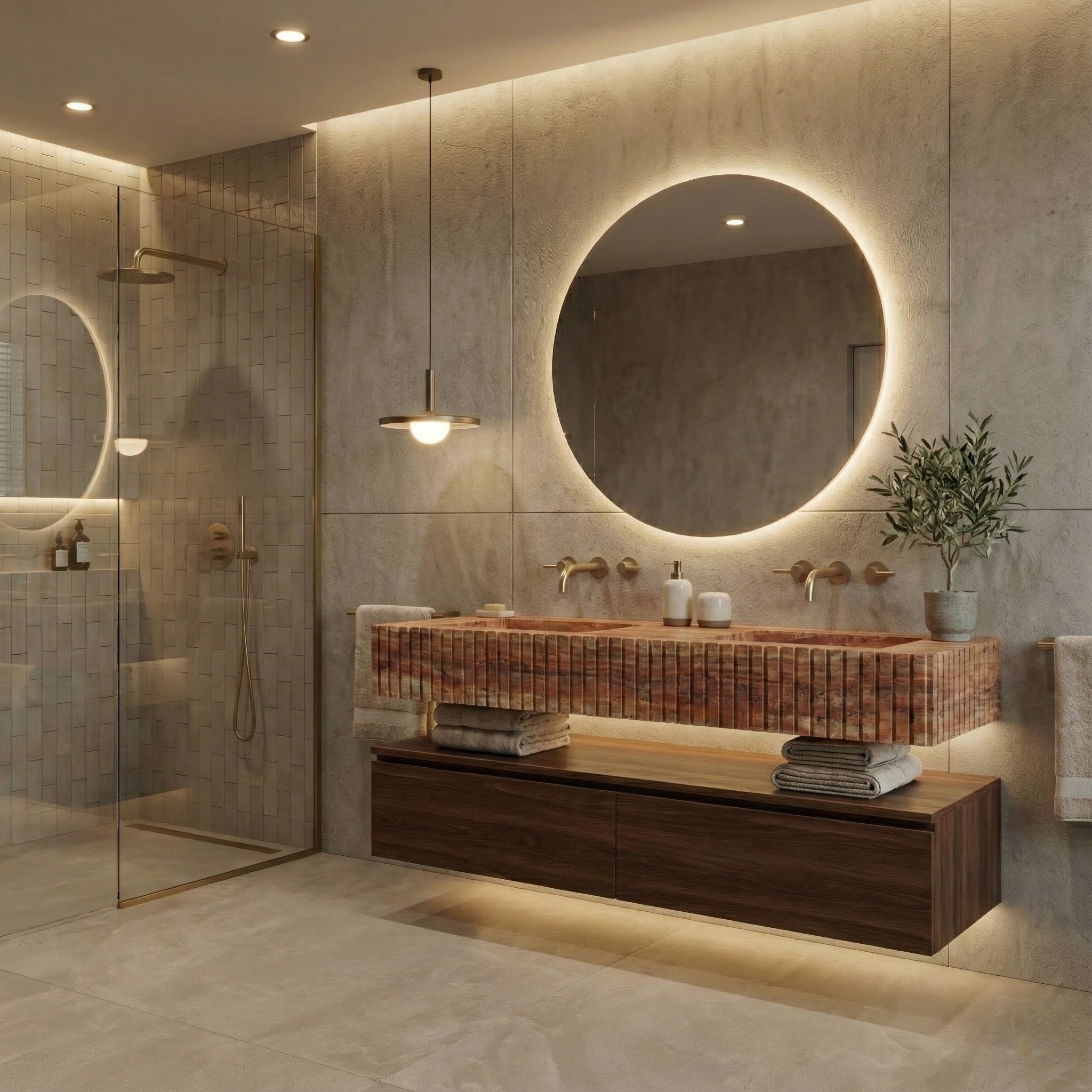 Warm modern bathroom suite featuring a statement Red Travertine fluted sink, large backlit round mirror, and walnut floating cabinet.