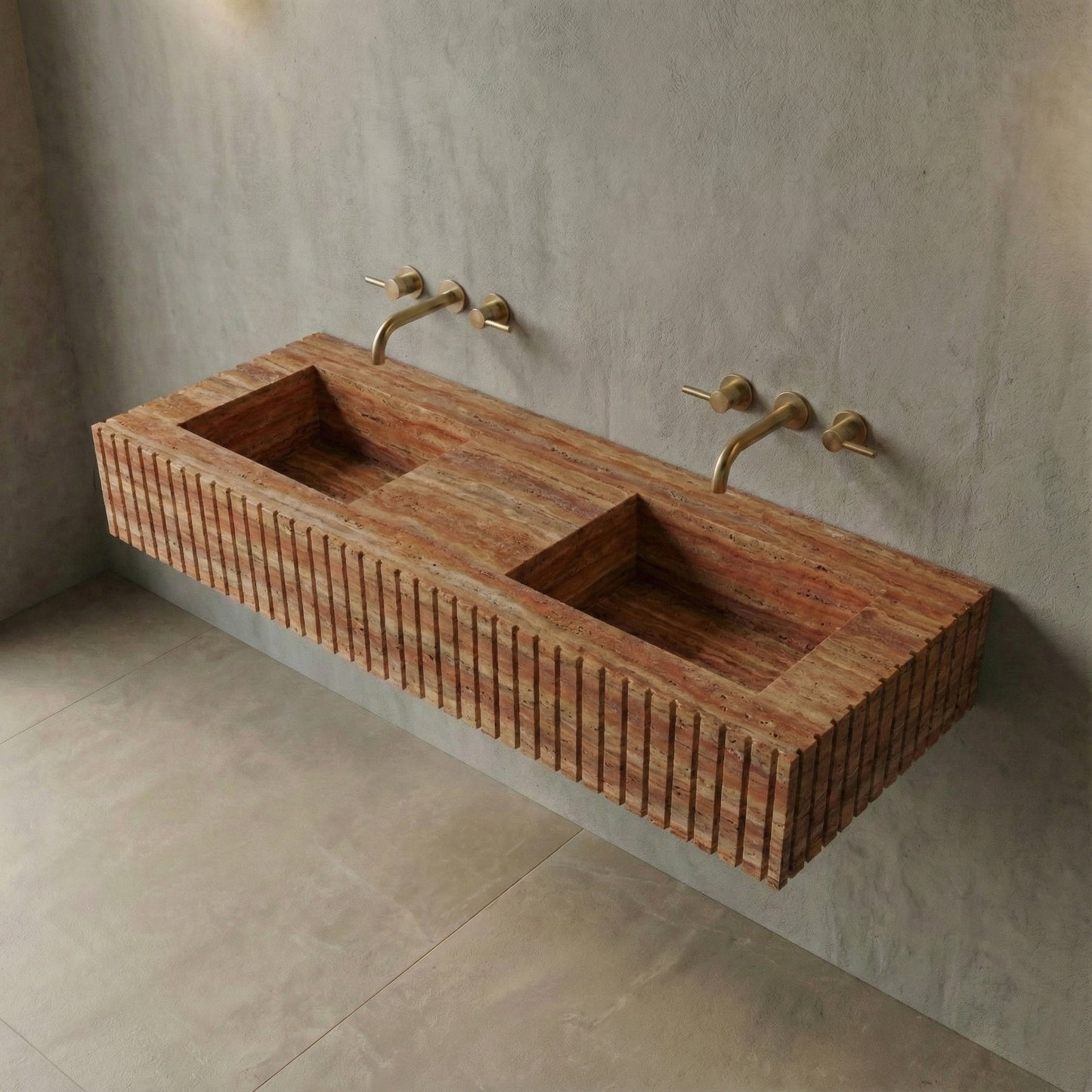 High-angle view of a ribbed Red Travertine stone sink, showcasing dual integrated rectangular basins and warm terracotta natural stone patterns.