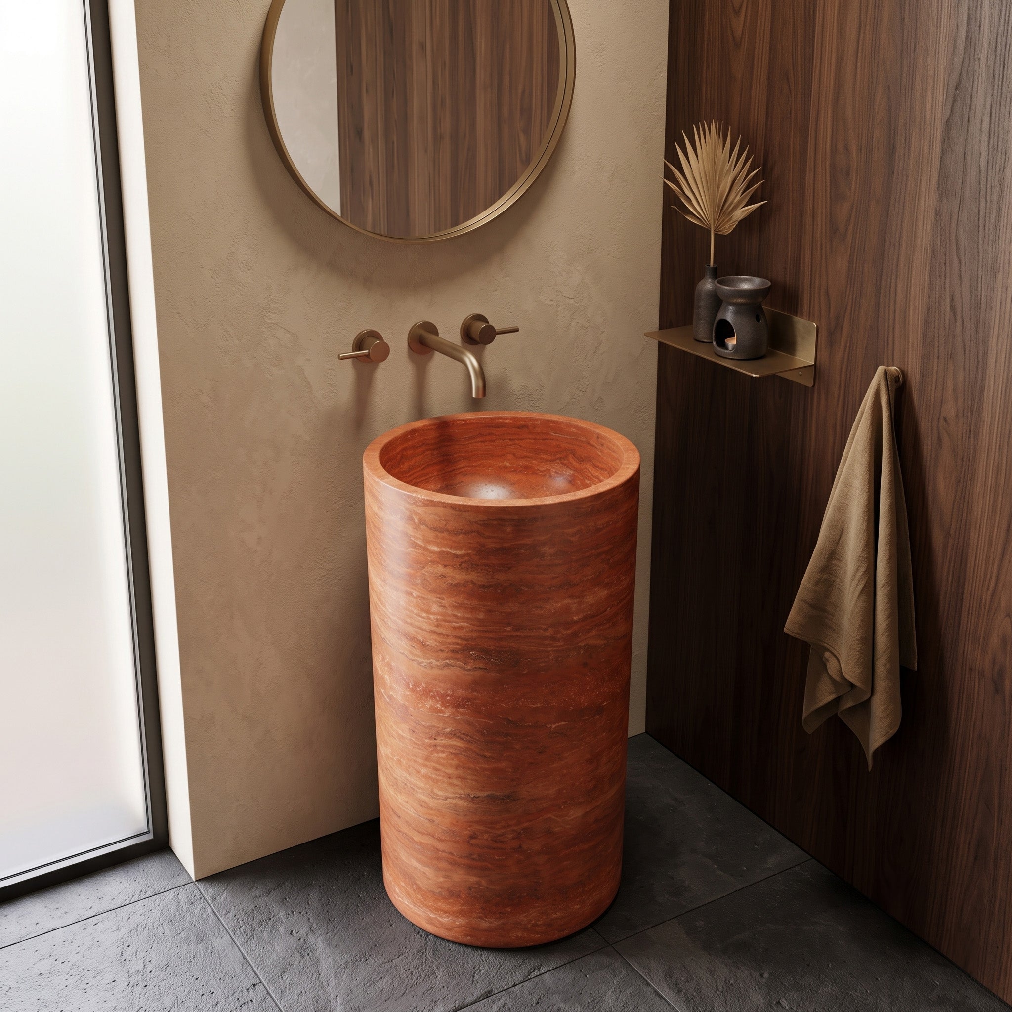Freestanding Red Travertine round pedestal basin in a warm earthy powder room with dark walnut wood paneling, round mirror, and slate flooring.