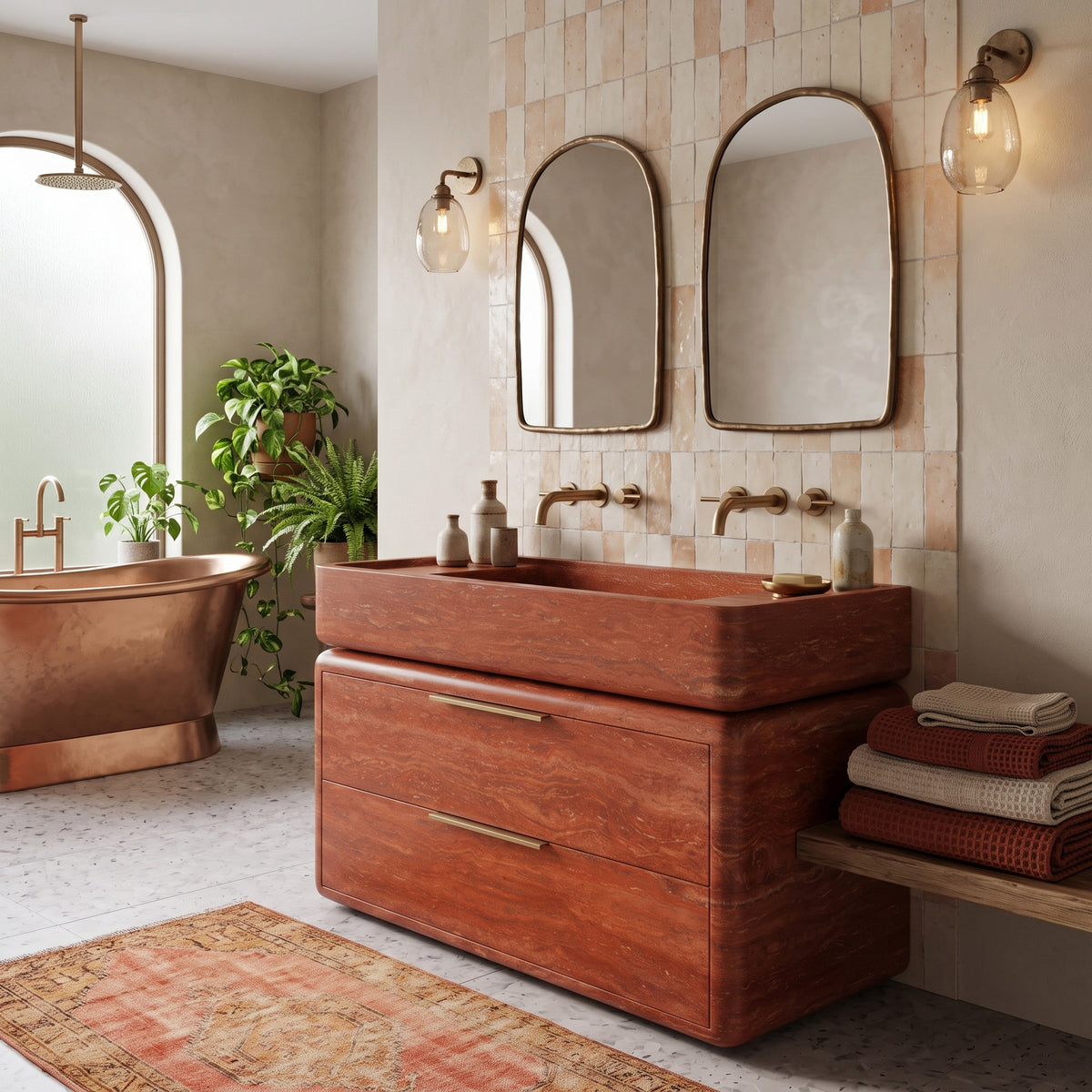 Warm Mediterranean luxury bathroom interior featuring the curved Red Travertine double-drawer vanity paired with twin arched mirrors, wall-mounted brass tapware, handcrafted terracotta wall tiles, glowing wall sconces, a freestanding copper bathtub, and an antique runner on terrazzo flooring.