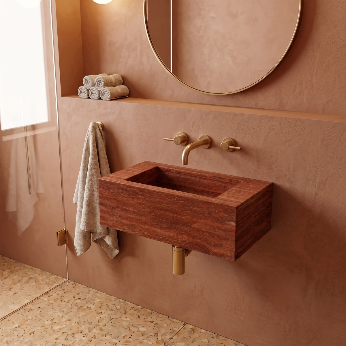 Red Travertine Powder Room Basin - Mini