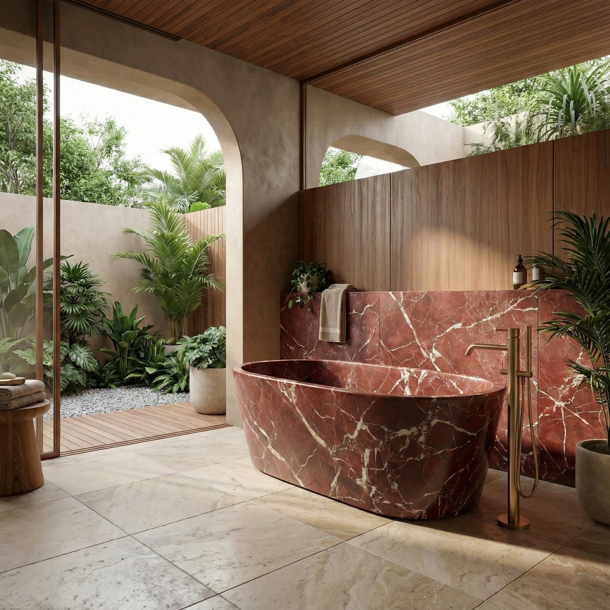 Tropical luxury bathroom featuring a Rosso Levanto marble bathtub opening onto a garden courtyard, accented by gold floor-mounted faucets and warm wood paneling.
