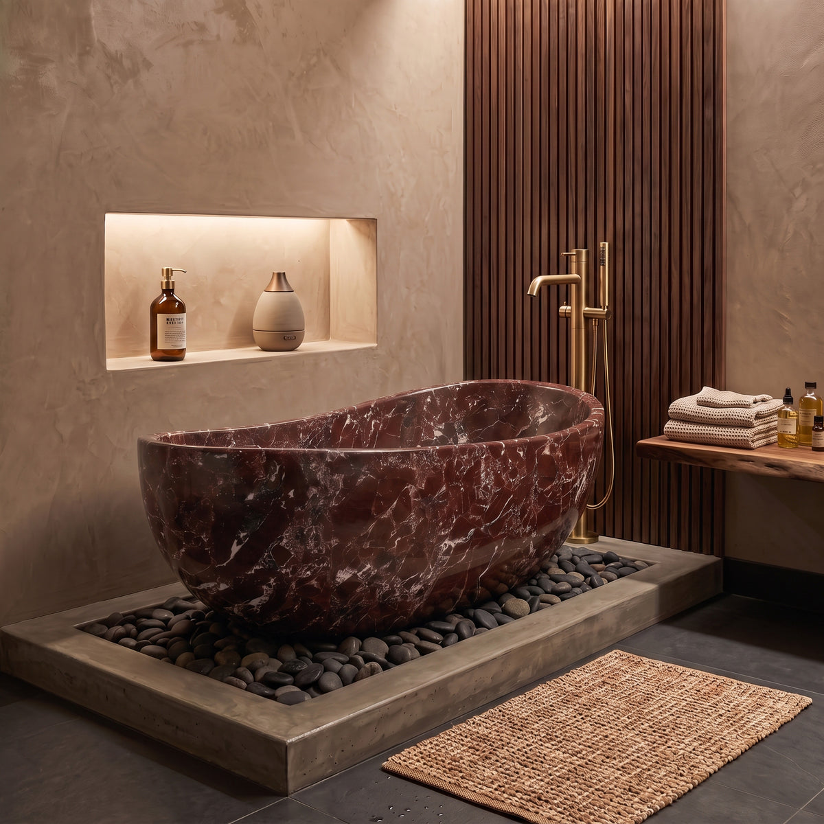 Moody luxury bathroom interior featuring the freestanding Rosso Levanto marble wave bathtub set within a river pebble stone bed, paired with a floor-mounted brushed brass tub filler, vertical wood slat paneling, warm textured plaster walls, and an illuminated wall niche.