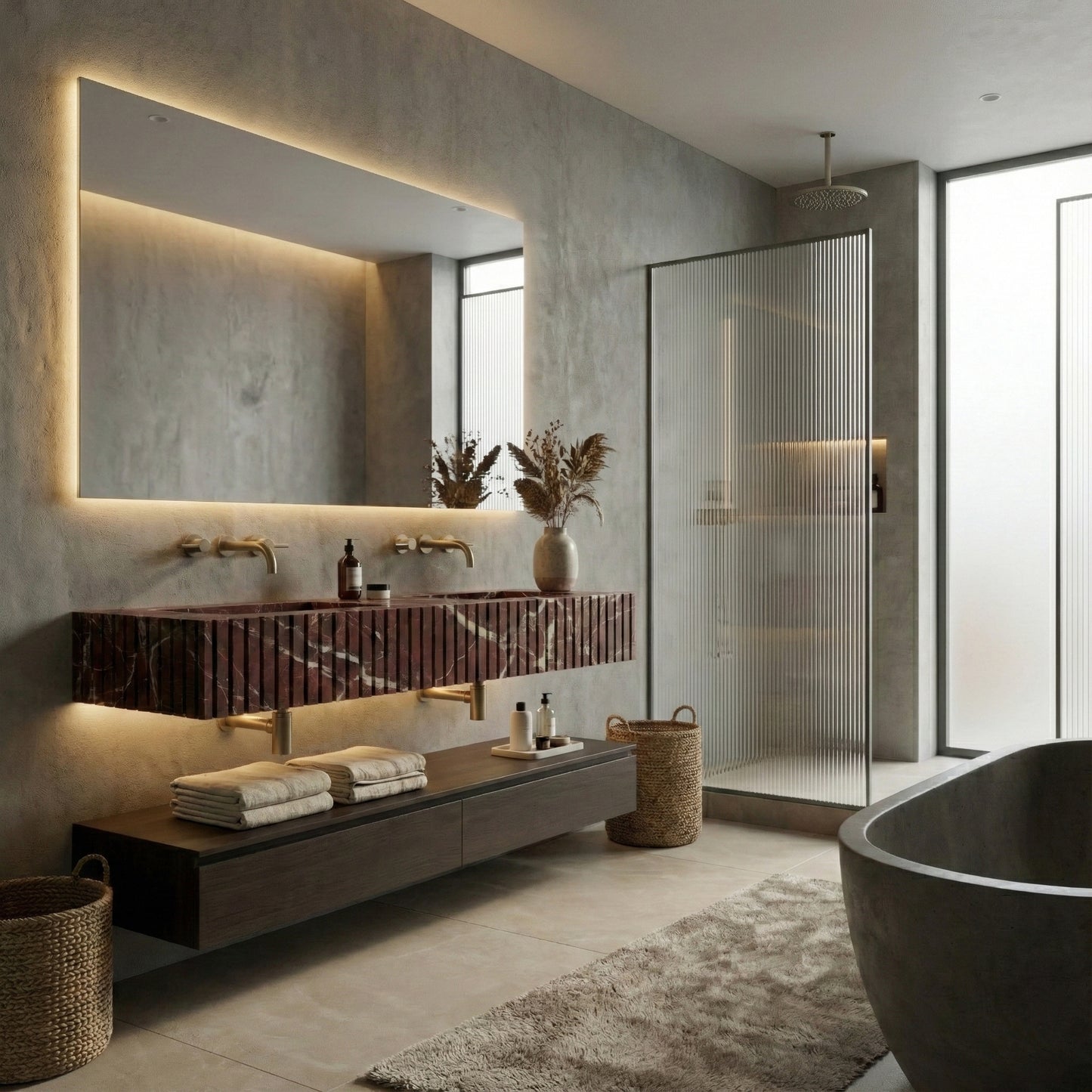 Modern luxury bathroom suite featuring a statement Rosso Levanto marble fluted sink, backlit mirror, and fluted glass shower partition.