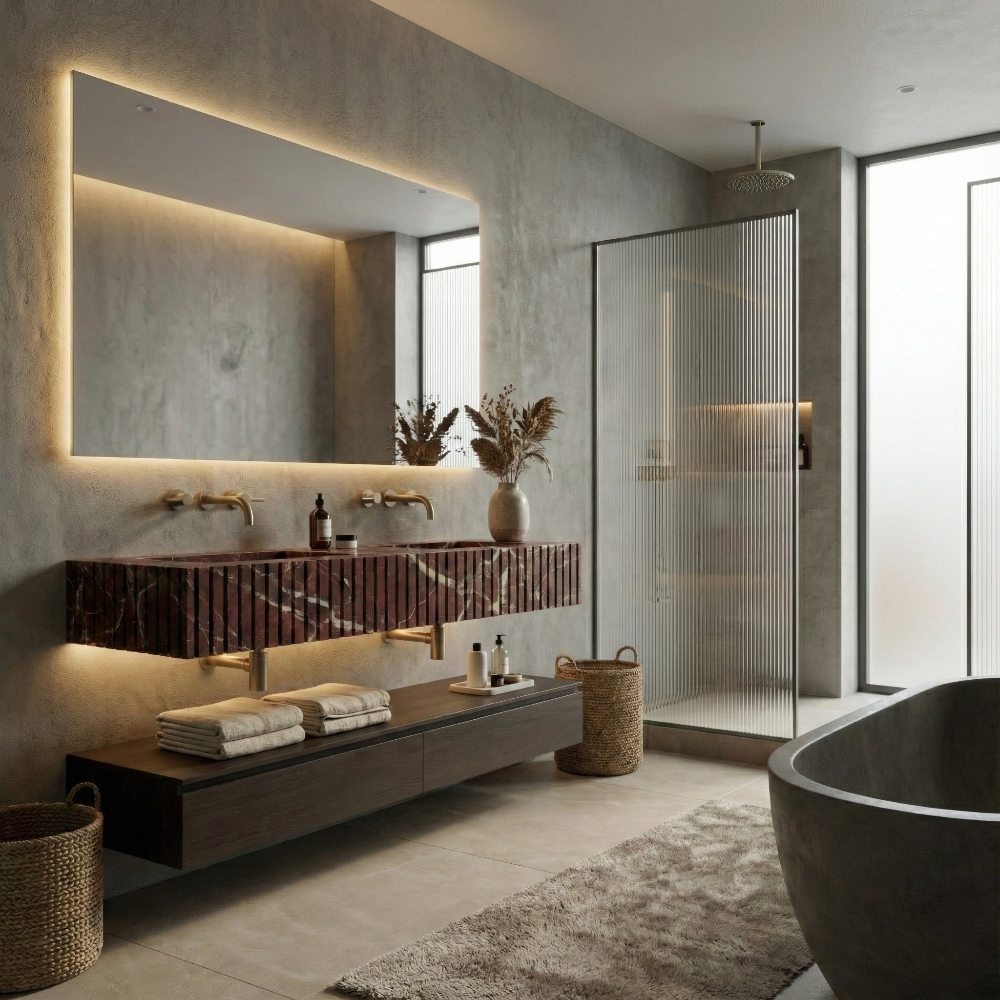 Modern luxury bathroom suite featuring a statement Rosso Levanto marble fluted sink, backlit mirror, and fluted glass shower partition.