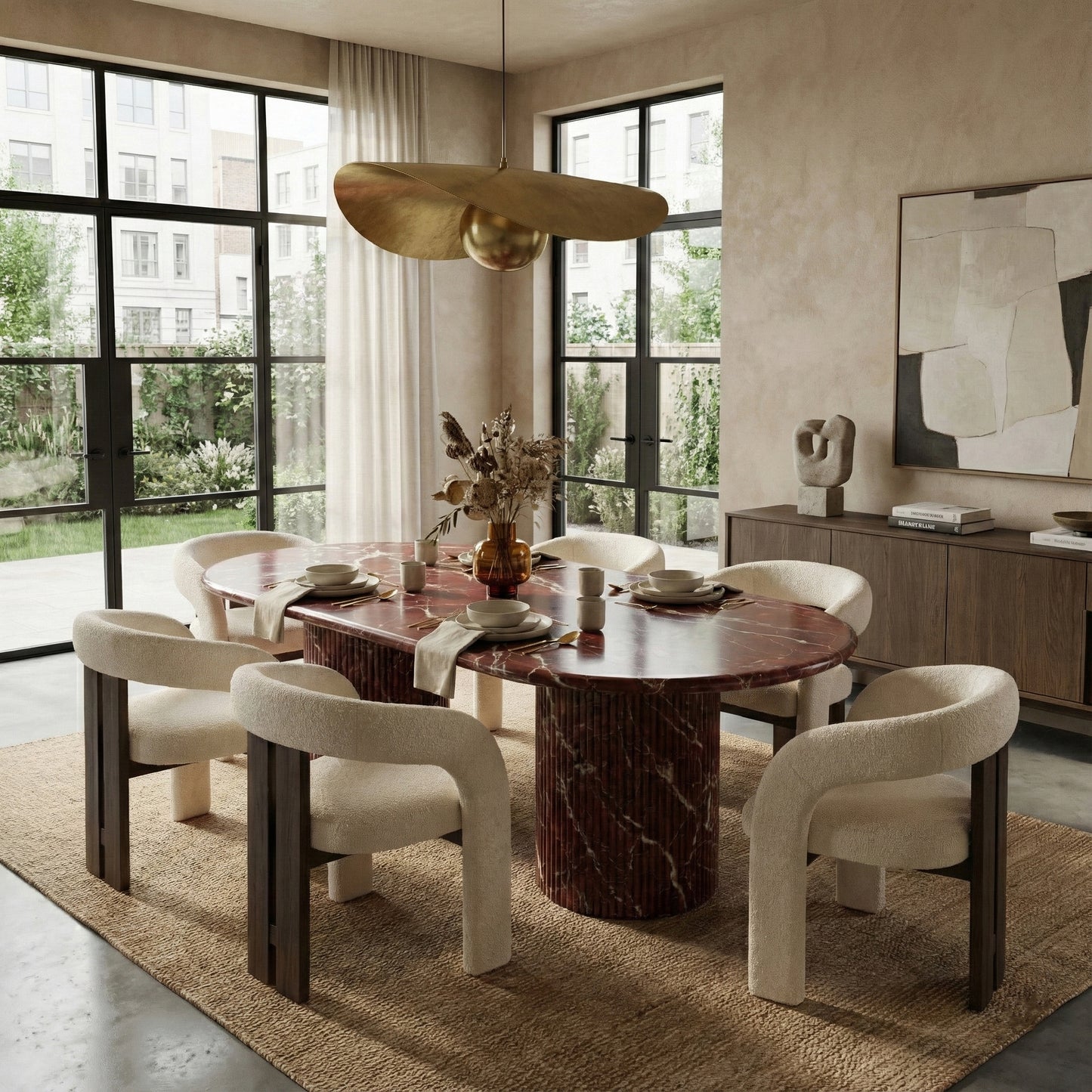 Luxury dining room featuring a statement Rosso Levanto marble oval table paired with boucle armchairs, a large brass pendant light, and warm earth-tone decor.