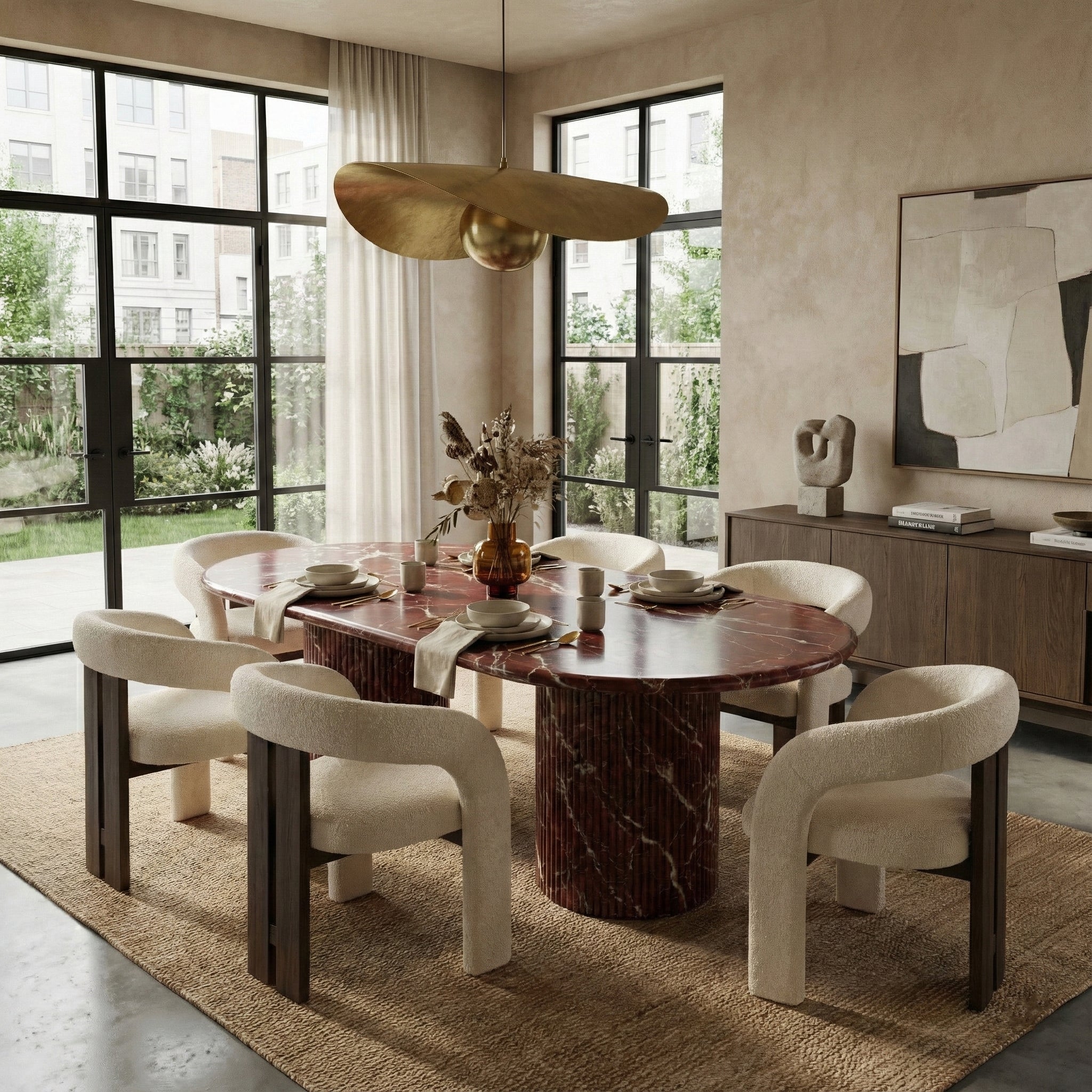 Luxury dining room featuring a statement Rosso Levanto marble oval table paired with boucle armchairs, a large brass pendant light, and warm earth-tone decor.