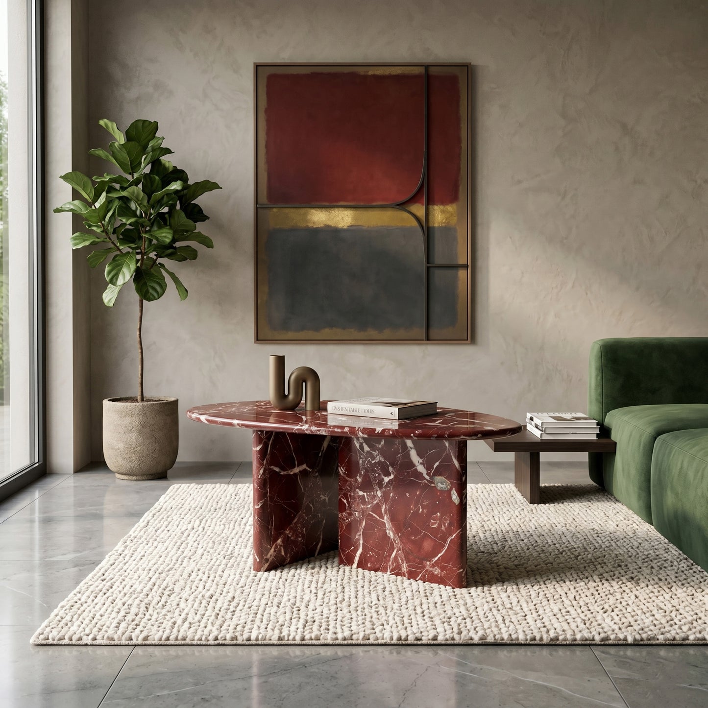 Luxury living room interior showcasing an organic pebble-shaped Rosso Levanto marble coffee table as a centerpiece on a textured rug, styled with a modern green sofa and contemporary wall art.
