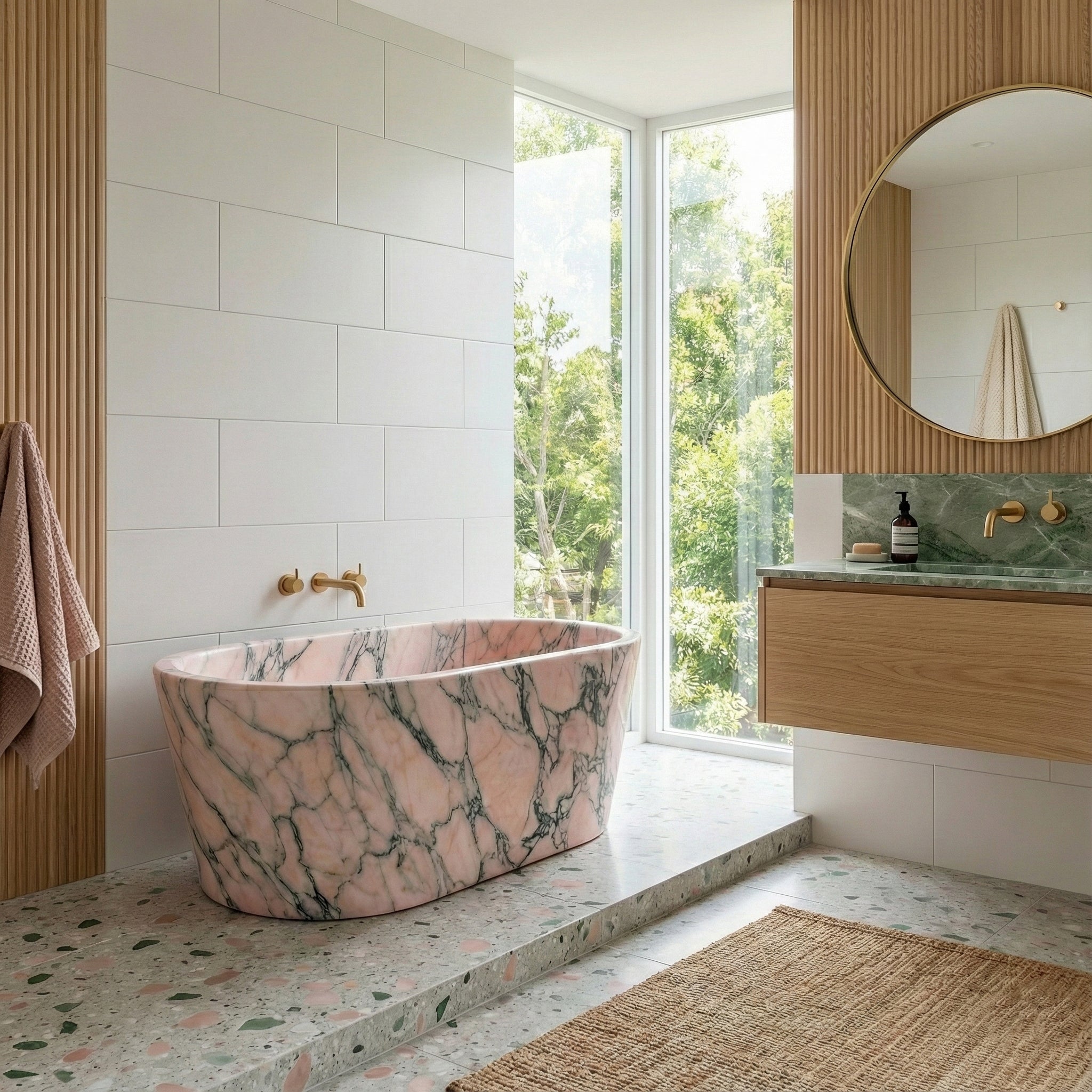Bright, nature-inspired bathroom featuring a pink Rosso Portogallo tub, terrazzo stone flooring, light wood slat walls, and large picture windows.