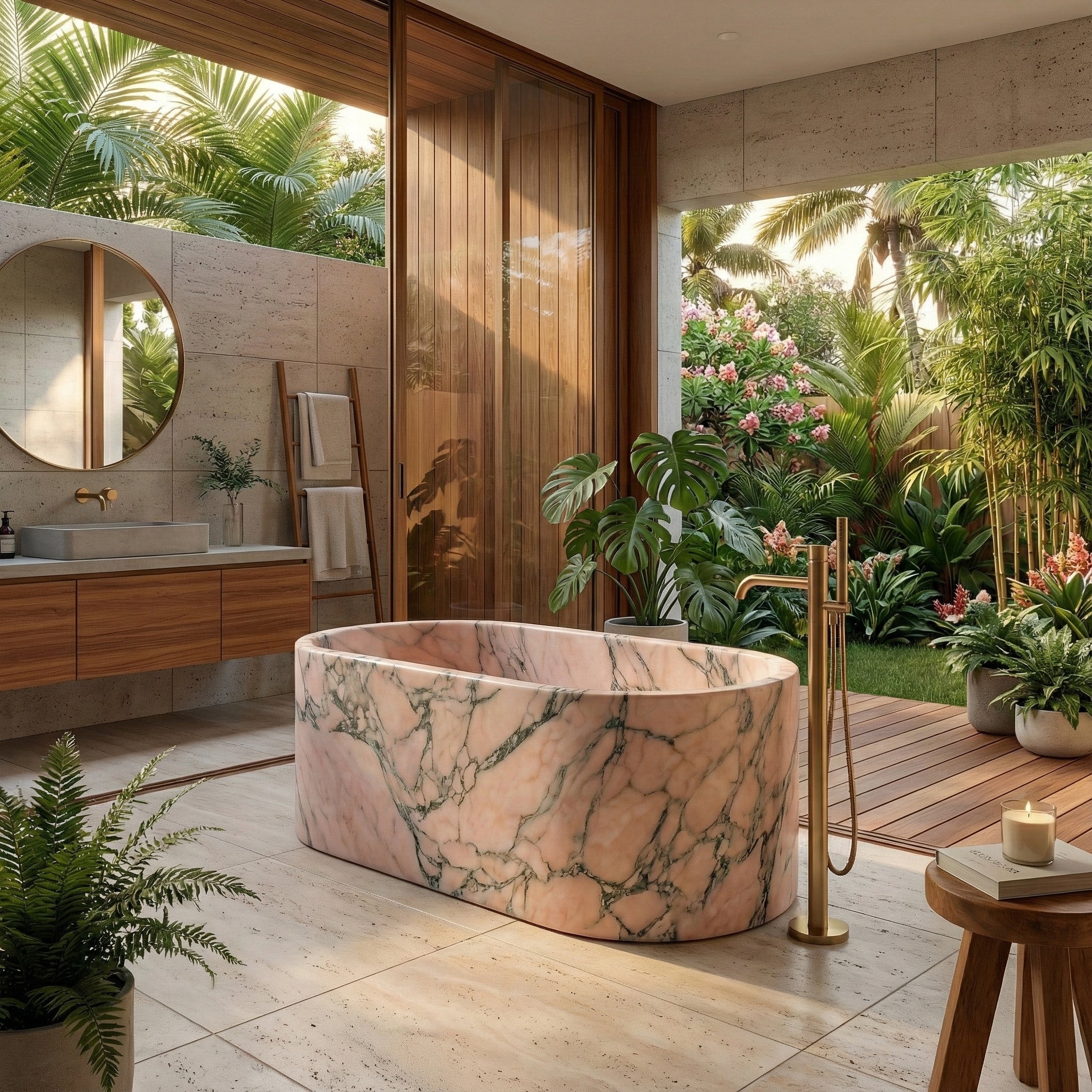 Tropical luxury bathroom design featuring a Rosso Portogallo pink marble bathtub, opening onto a lush garden deck with warm wood accents and gold fixtures.