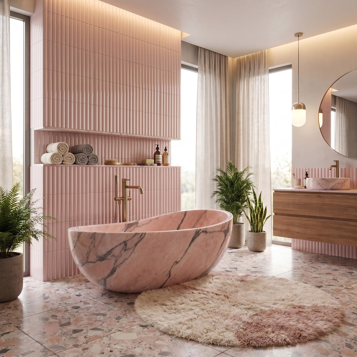 Pastel luxury bathroom sanctuary featuring the freestanding Rosso Portogallo marble wave bathtub paired with wall-mounted brushed bronze tapware, vertical pink fluted wall tiles with an illuminated niche, pink terrazzo flooring, a plush round rug, and indoor plants.