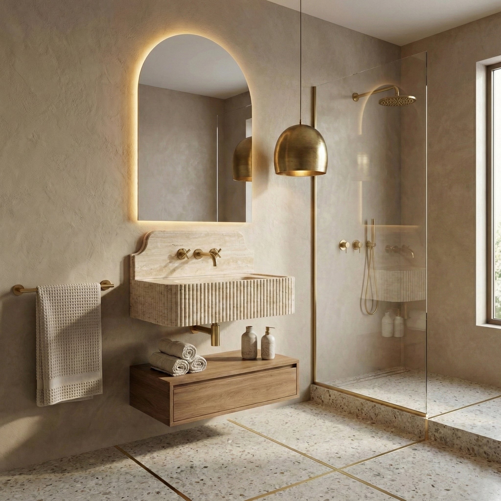 Organic modern bathroom featuring a Travertine Romano sink with backsplash, paired with a backlit arched mirror, floating wood vanity, and terrazzo floors.