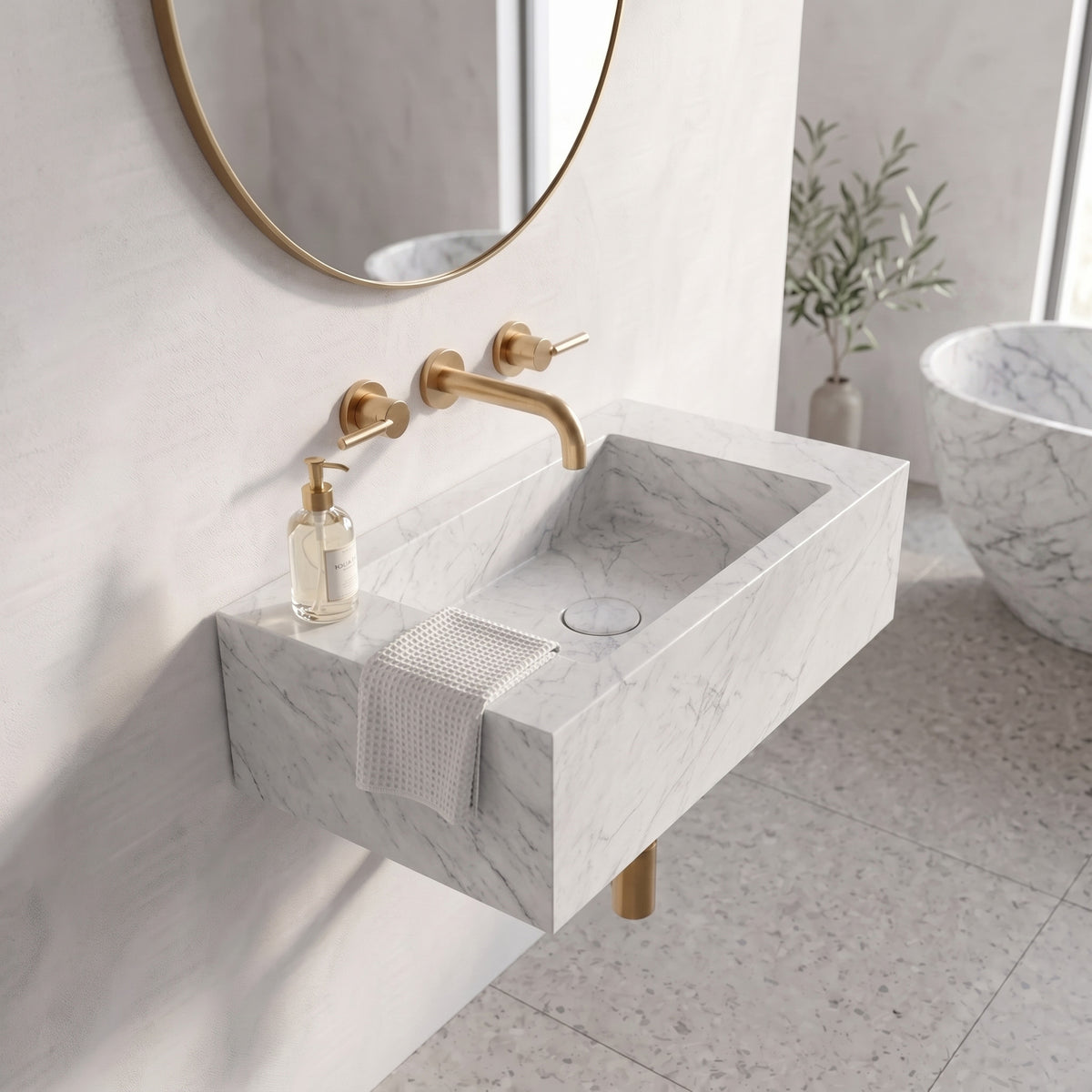 White Carrara Marble Powder Room Basin - Mini