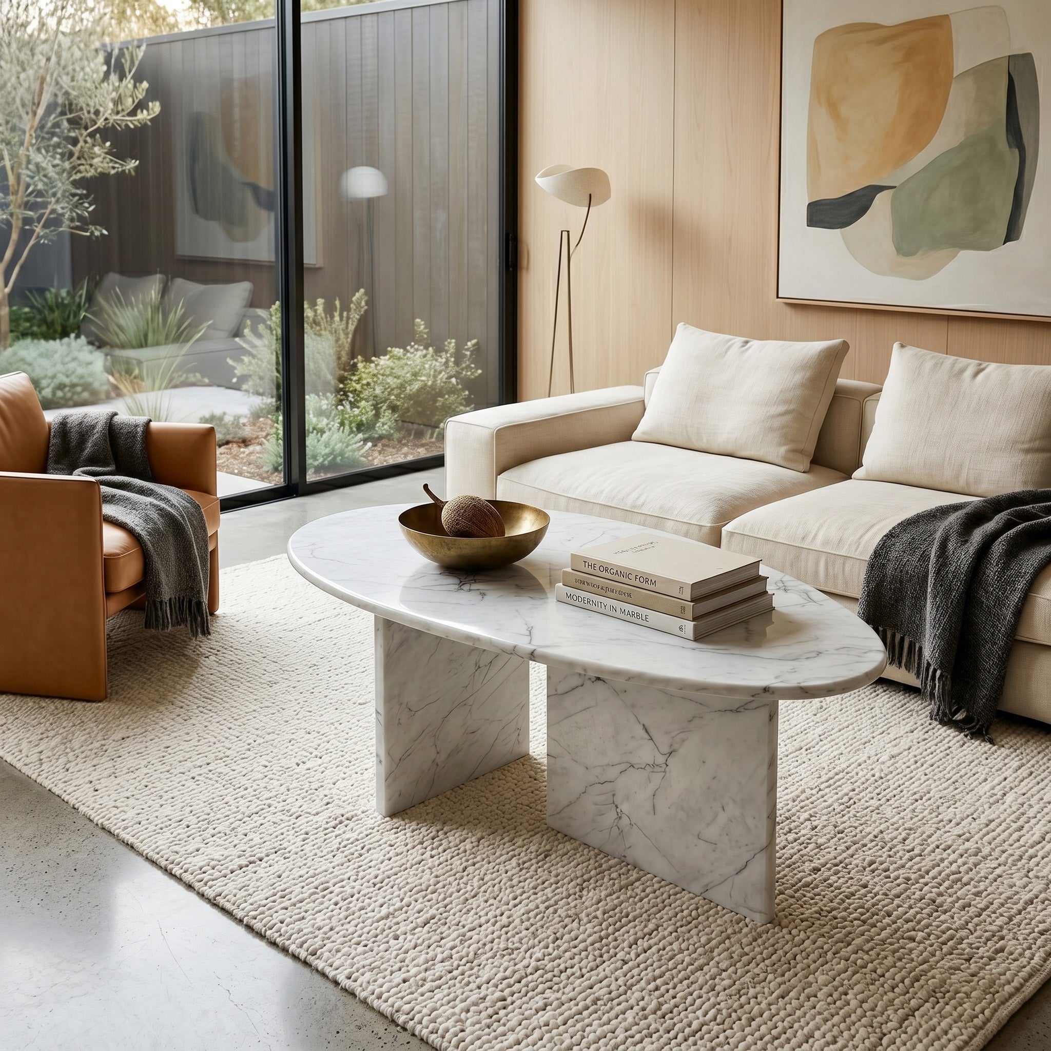 Minimalist living room interior featuring an organic pebble-shaped White Carrara marble coffee table styled on a textured rug with contemporary neutral seating and warm lighting.